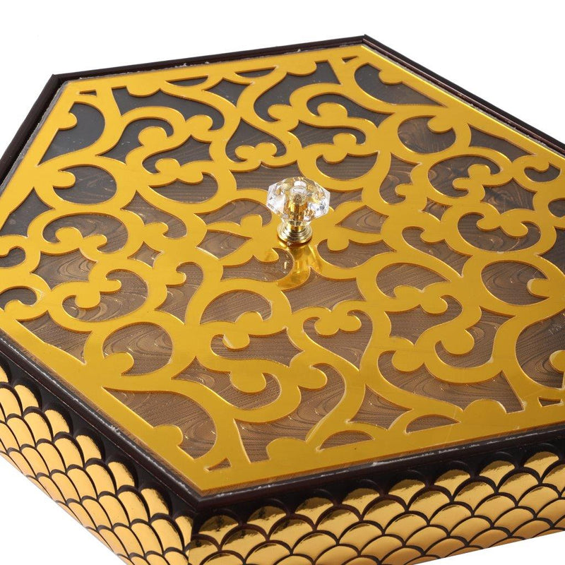 Engraved Deco Gold Hexagonal Candy Box Nuts and Chocolates Serving Tray with Lid 30*30*6 cm