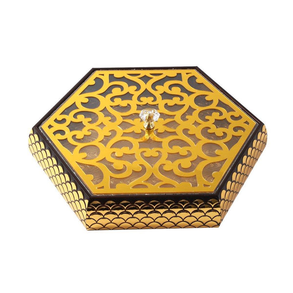 Engraved Deco Gold Hexagonal Candy Box Nuts and Chocolates Serving Tray with Lid 30*30*6 cm