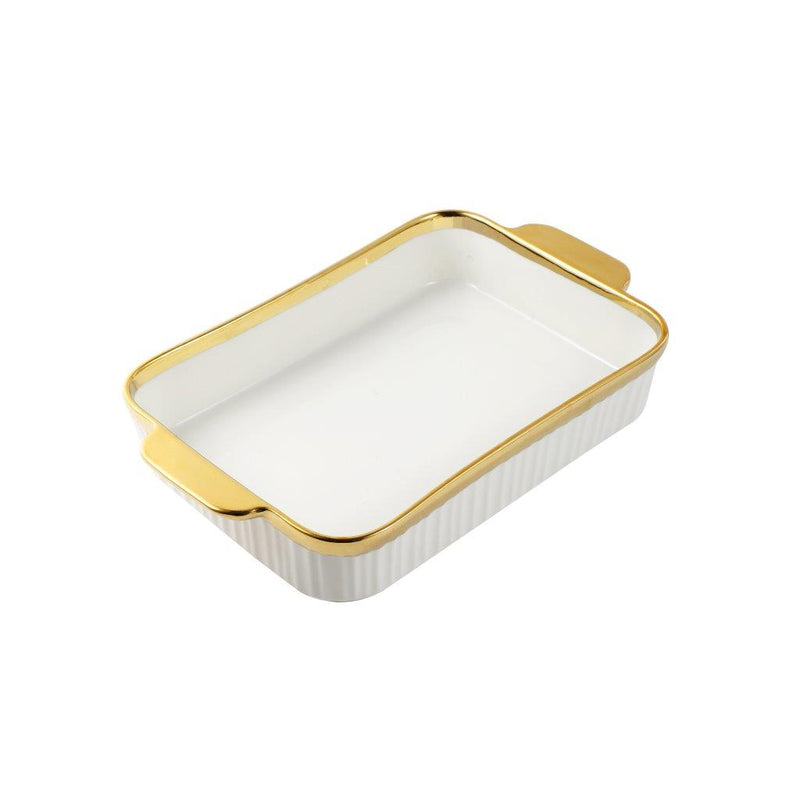 White Ceramic Gold Rim Rectangular Baking Dish - Classic Homeware and Gifts