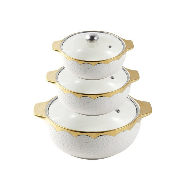 White Ceramic Gold Rim Casserole Dish Stock Pot Set of 3 Pcs 2.4L/1.6L/1L 46321