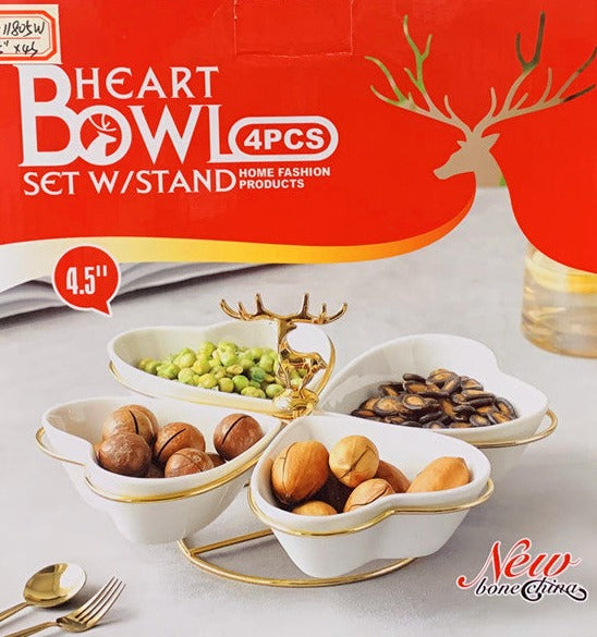 White Ceramic Serving Dipping Heart Shape Snacks Fruits and Nuts Bowl 4 Pcs with Stand 11 cm