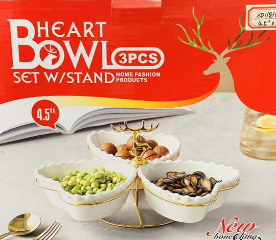 White Ceramic Serving Dipping Heart Shape Snacks Fruits and Nuts Bowl 3 Pcs with Stand 11 cm