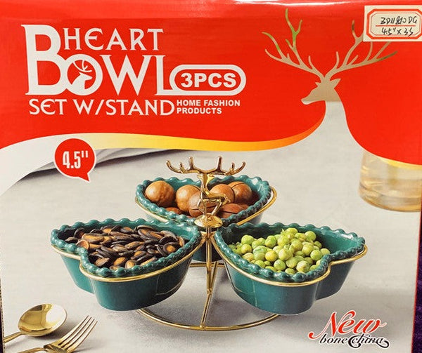 Turquoise Ceramic Serving Dipping Heart Shape Snacks Fruits and Nuts Bowl 3 Pcs with Stand 11 cm