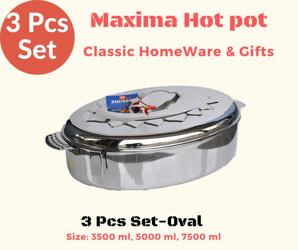 Stainless Steel Maxima Hot Pot Food Warmer Oval 3 Pcs Set Clip Handle 3500ml 5000ml 7500ml