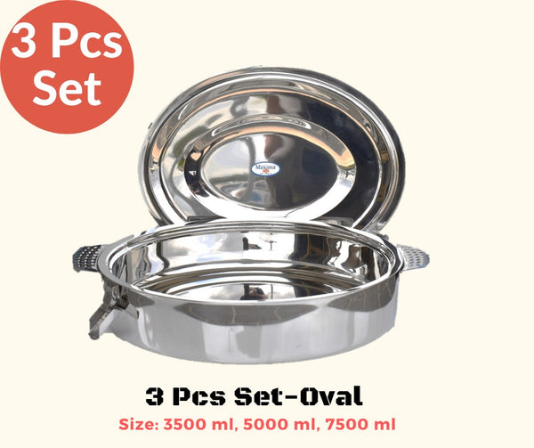 Stainless Steel Maxima Hot Pot Food Warmer Oval 3 Pcs Set Clip Handle 3500ml 5000ml 7500ml