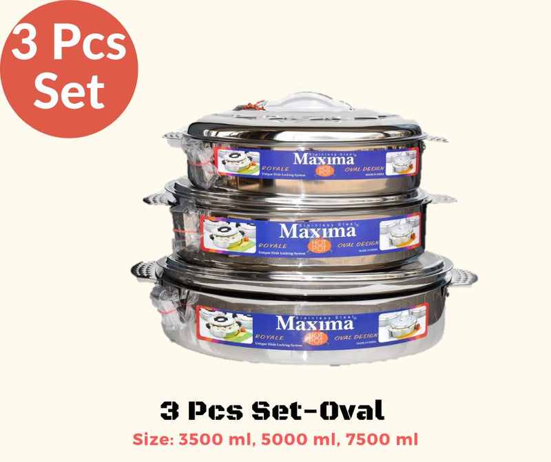 Stainless Steel Maxima Hot Pot Food Warmer Oval 3 Pcs Set Clip Handle 3500ml 5000ml 7500ml - Classic Homeware & Gifts