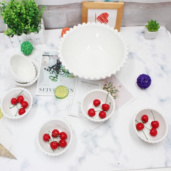 White Ceramic Dessert Serving Bowl with Dips and Nut Bowl Set of 7,Round Plate-10", Round Bowl-4.5" Inch.