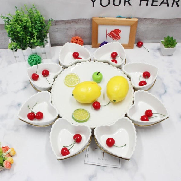 White Ceramic Serving Plate with Dips and Nut Bowl Set of 8, Round Plate-10", Heart Bowl-4.5" Inch.