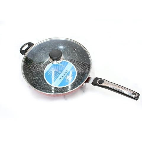 Wok Maroon Marble Coating Induction Induction Non Stick 30 cm 3.5mm with Glass Lid