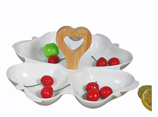 Apple Shaped Ceramic Divided Plate Fruit Platter with Bamboo Stand 10 inch