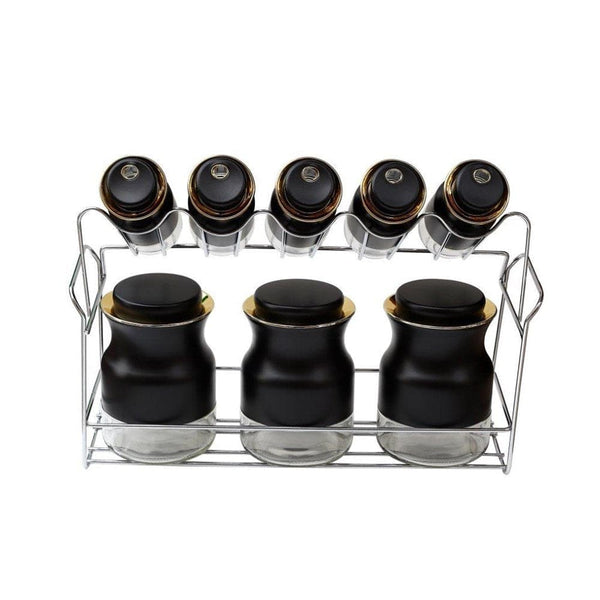 Black Gold Mix Spice Shaker Jar and Canister Set of 7 Pcs with Stand 38.7*13*26.5 cm