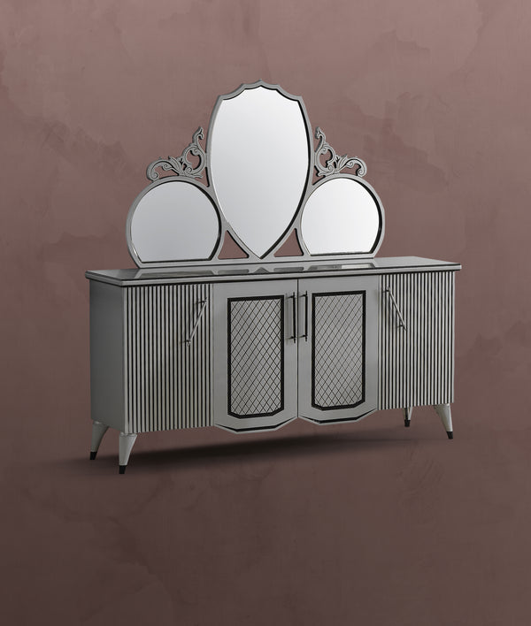 Suit Metallic Silver Black Hallway Bedroom Dresser Table Multi Compartment Cabinet Console With Wall Mirror Set 180*100 cm