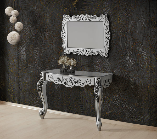 Kugu Baroque Design Silver Black Hallway Bedroom Dresser Table Console Table and Mirror Sideboard Set 110*45*75 cm