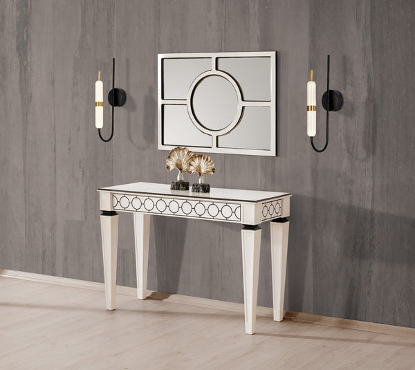 Kristal Tempered Glass Design White and Black Hallway Bedroom Dresser Table Glam Console Table and Mirror Sideboard Set 110*45*75 cm