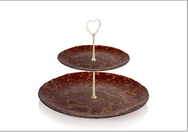 Glasscom Burgundy Gold Abstract Art Glass Two Tier Cake Server Gold Stand