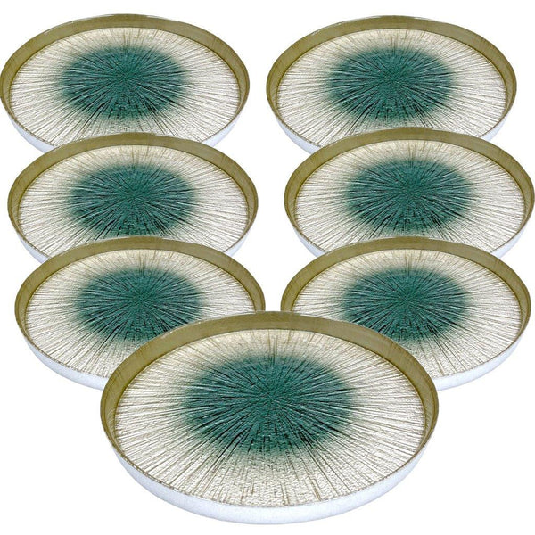 Glasscom Dinnerware Sea Green and Gold Round Appetizer Dish Dessert Plates Set of 7