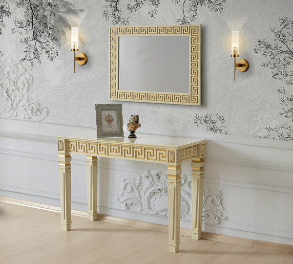 Manolya Cream Gold Greek key Design Hallway Bedroom Dresser Table Console Table and Mirror Sideboard Set 110*45*75 cm