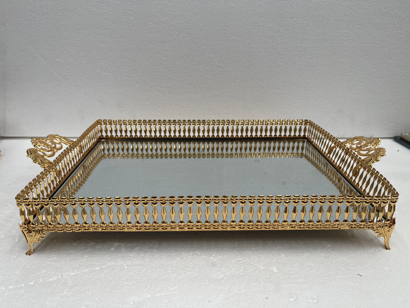Gold Metal Glass Base Deco Rectangular Serving Tray Set of 2