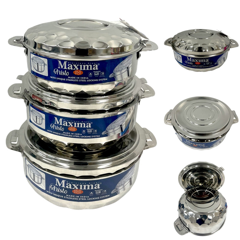 Stainless Steel Round Hot Pot Set Aristo Maxima Brand Set of 3 2500ml,3500ml,5000ml