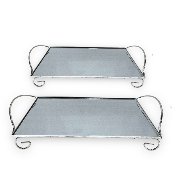Silver Metal Glass Base Deco Rectangular Serving Tray Set of 2