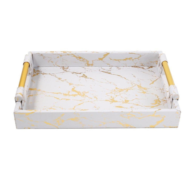 Deco White Gold Marble Pattern Rectangle Serving Tray Set of 2 Pcs Metal Handles 41.5*30*5.5/48.5*35*5.5 cm
