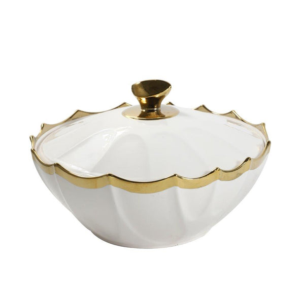 White Ceramic Gold Rim Bowl Fine Porcelain Dinnerware Tableware Serving Dish With Lid 25.5*25.5*10 cm