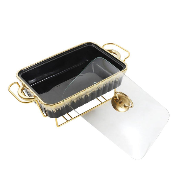 Rectangular Ceramic Chafing Dish Casserole Black Gold Glaze Design Buffet Warmer with Glass Lid 22*16*11.5 cm