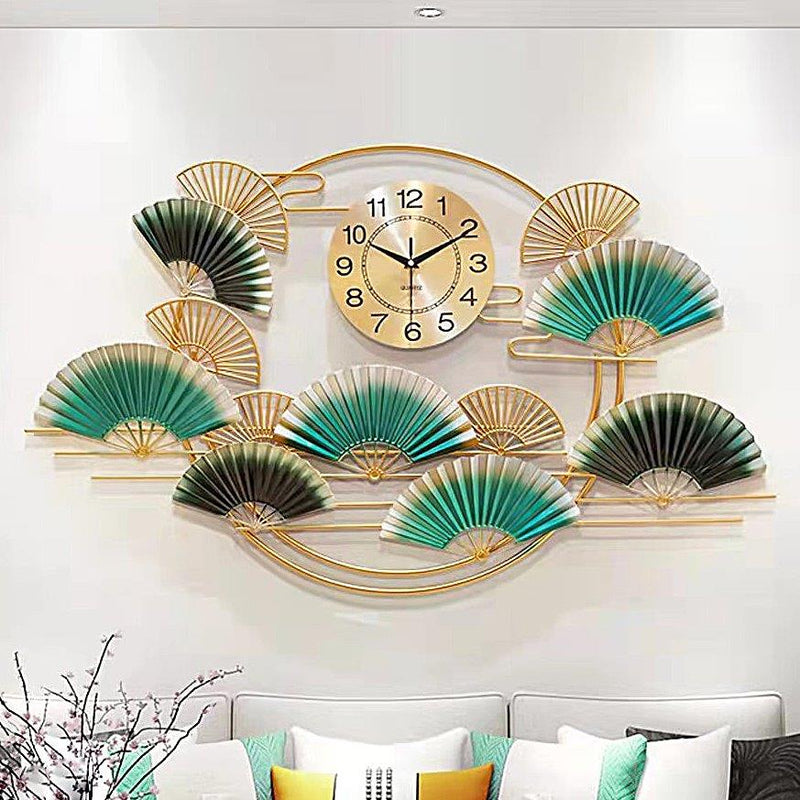 Luuxury Modern Chinese Fan Design Metal Wall Clock 3D Home Wall Decor Art 63*100 cm