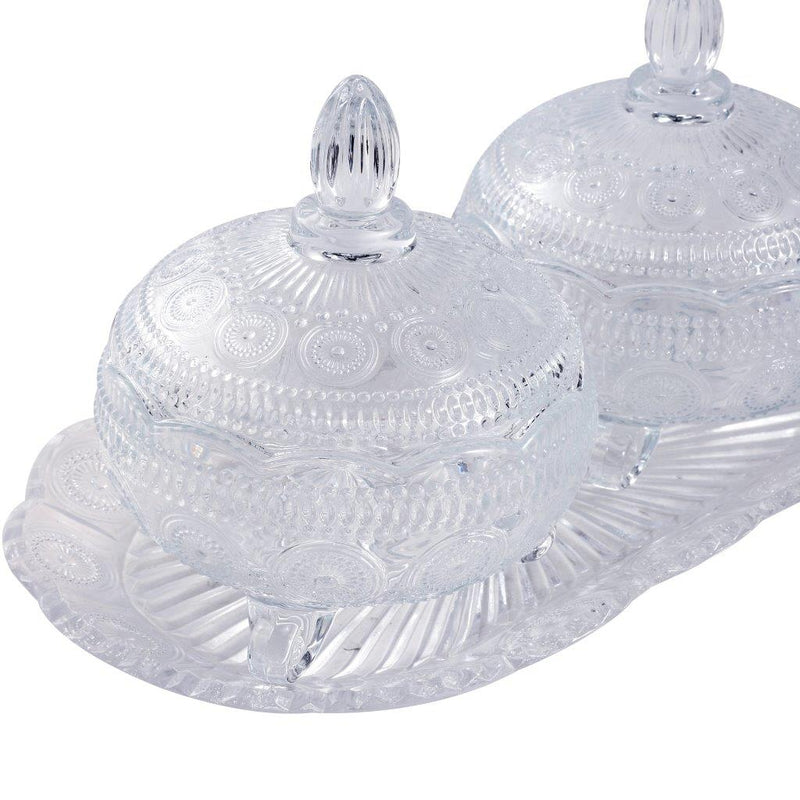 Crystal Glass Round Sugar Bowl Candy Jar Set with Tray 16.5*30 cm