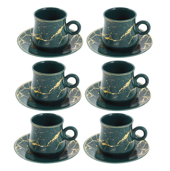 Ceramic Tea and Coffee Cup and Saucer Set of 6 pcs Turquoise Marble Design 100 ml