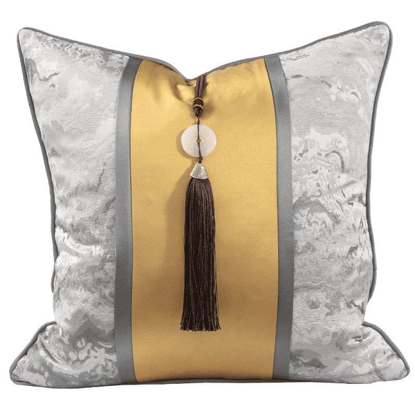 Modern Decorative Satin Silver Gold Stripe Reine Luxe Cushion Cover with Brown Tassle Pillowcase 50*50 cm