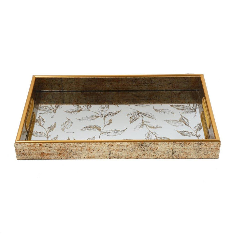 Deco Gold Square Mirror Base Leaf Print Serving Tray Set of 2 Pcs 40*25/45*30 cm h 4.5 cm