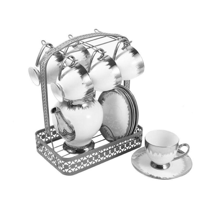 Ceramic Bone China White Silver Tea Cup and Saucer Set of 14 Pcs with Teapot and Stand