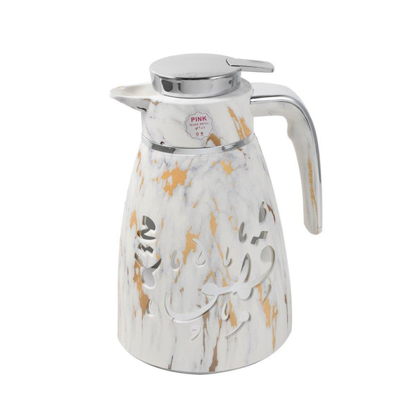 Vacuum Insulated Islamic Calligraphy Design Plastic Thermos Flask Marble White Gold 1 Litre