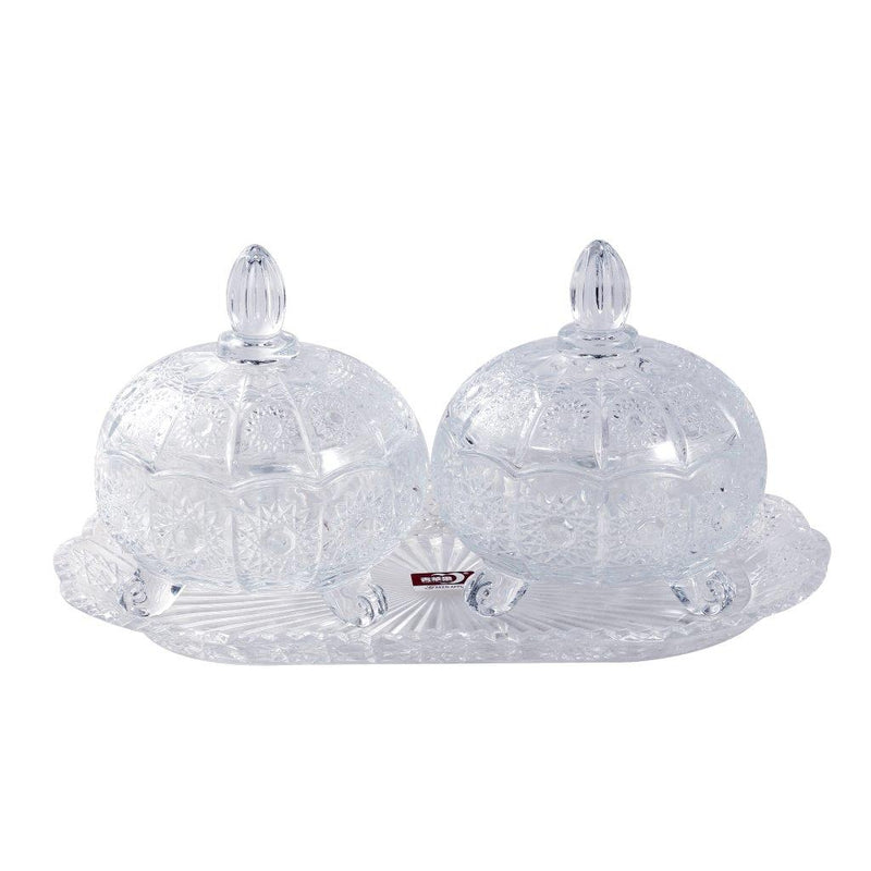 Crystal Glass Round Sugar Bowl Candy Jar Set with Tray