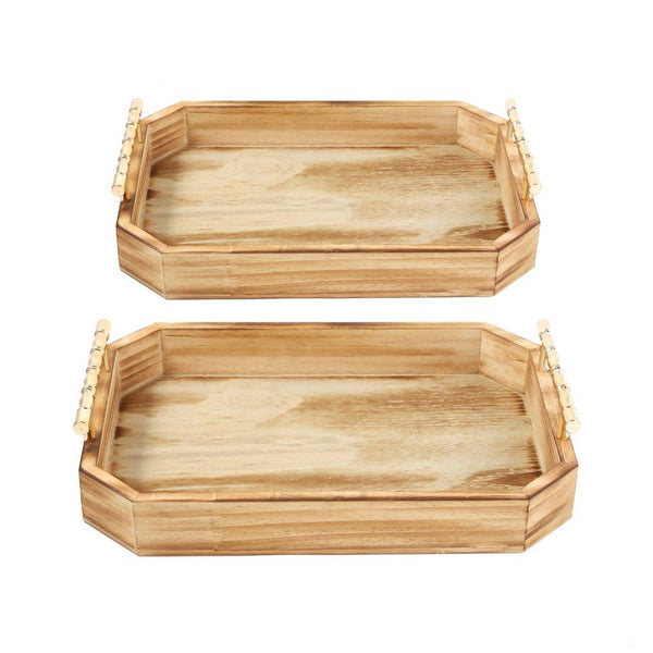 Timber Pattern Rectangular Serving Tray Set of 2 with Metal Handles - Versatile Home Decor & Entertaining Essential