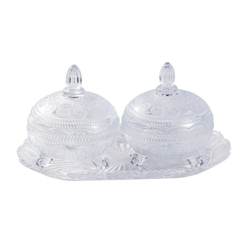 Crystal Glass Round Sugar Bowl Candy Jar Set with Tray 16.5*30 cm