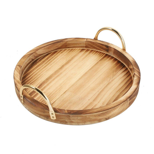 Deco Timber Pattern Round Serving Tray Set of 2 Pcs Metal Handles 34*34*6.5/29*29*6.5 cm