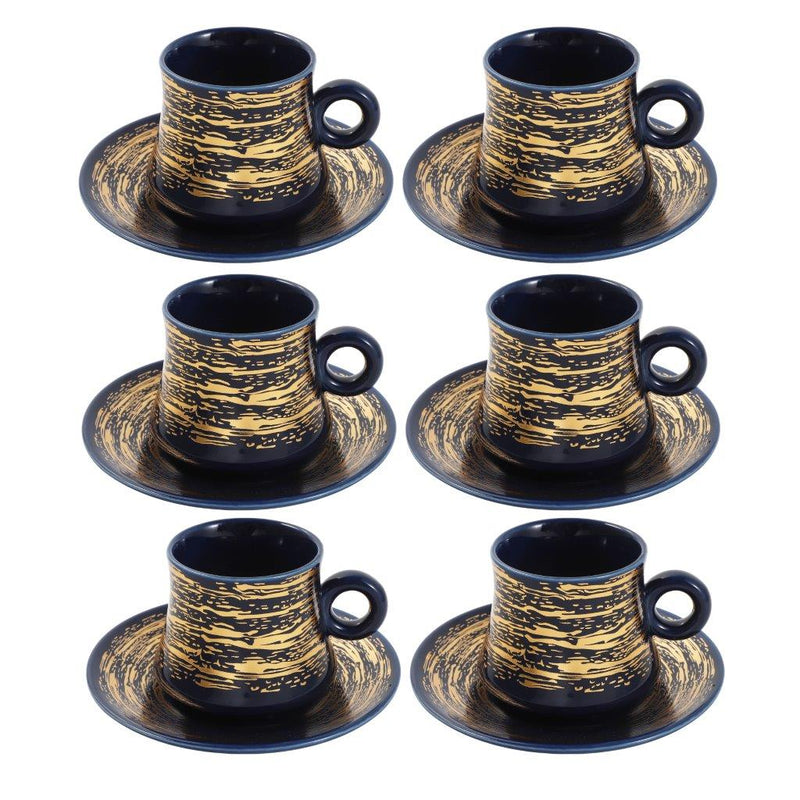 Ceramic Tea and Coffee Cup and Saucer Set of 6 pcs Navy Gold Abstract Design 180 ml