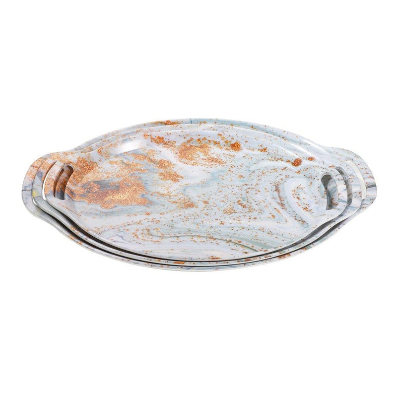 Multi-Purpose Decorative Serving Tray Set of 3 Pcs with Handles Oval Grey Gold Sand Pattern 40*27/44.5*30/48*33 cm