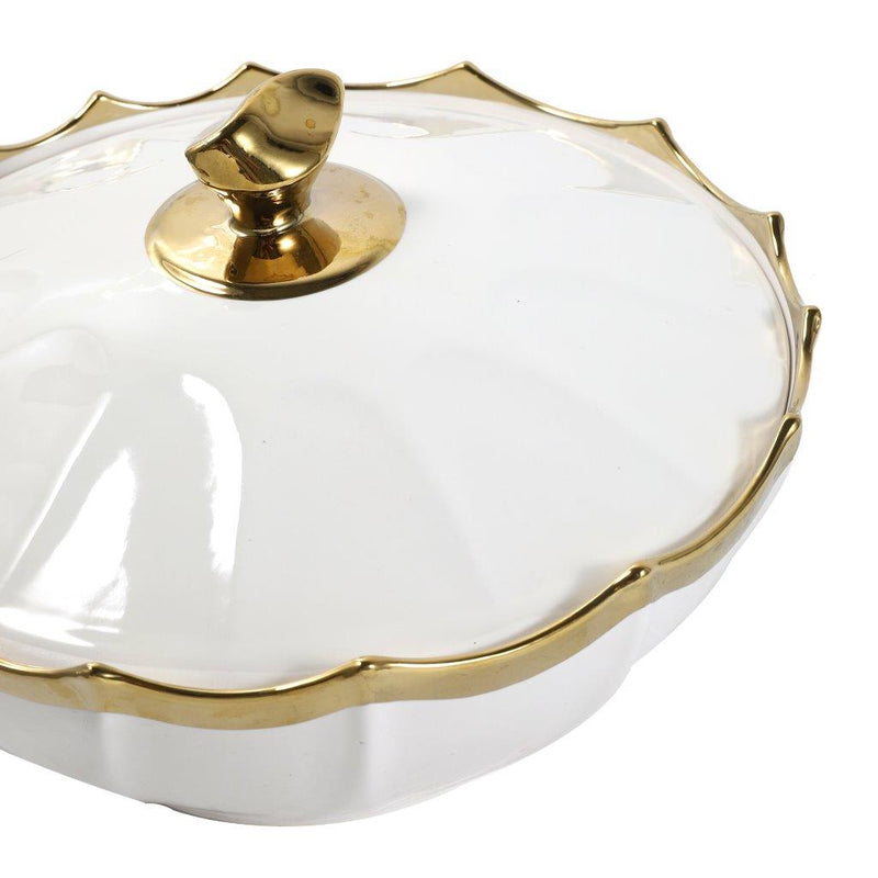 White Ceramic Gold Rim Bowl Fine Porcelain Dinnerware Tableware Serving Dish With Lid 25.5*25.5*10 cm