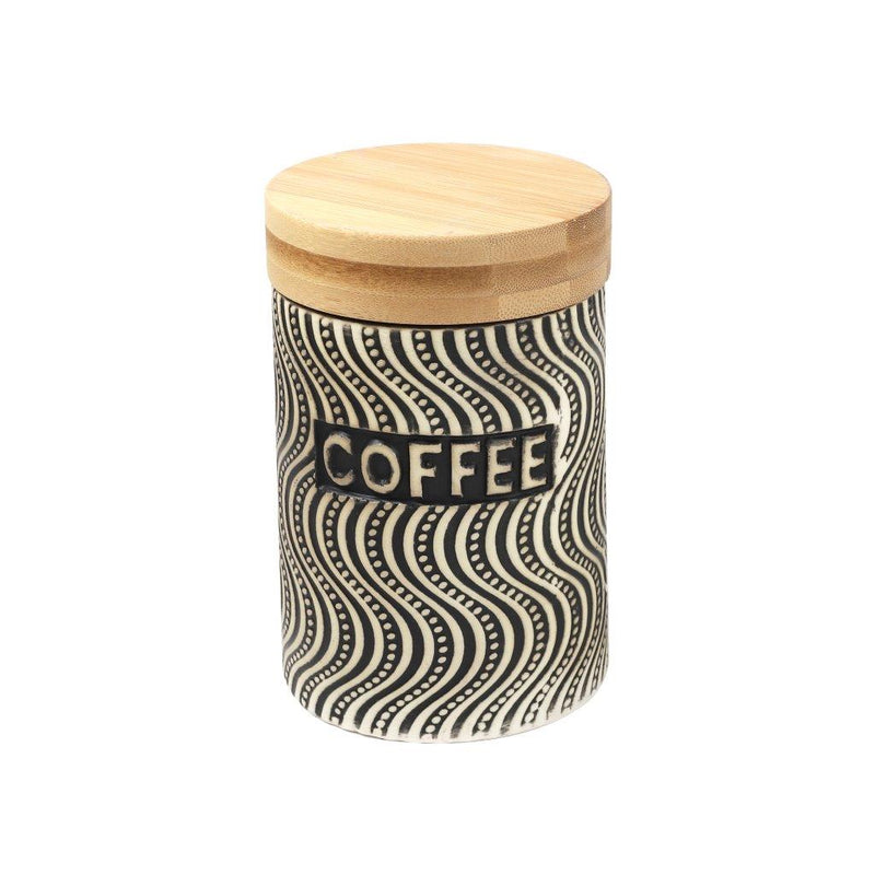 Ceramic Tea Coffee Sugar Airtight Cansiter Bamboo Lid Abstract Print Set of 3 Pcs 10*15 cm