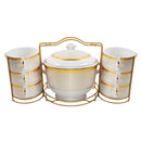 White and Gold Ceramic Soup Tureen Casserole Dish Bowl Set of 15 Pcs with Stand Pot 2.8 L