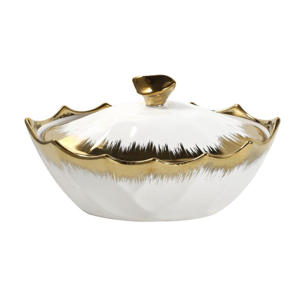 White Ceramic Gold Rim Bowl Fine Porcelain Dinnerware Tableware Serving Dish With Lid 34*22.5*12 cm