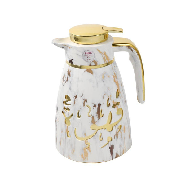 Vacuum Insulated Islamic Calligraphy Design Plastic Thermos Flask Marble White Gold 1 Litre