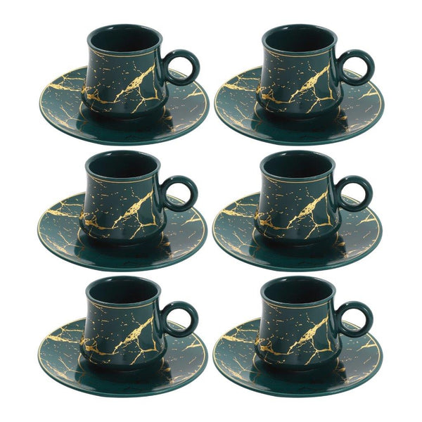 Ceramic Tea and Coffee Cup and Saucer Set of 6 pcs Turquoise Marble Design 180 ml
