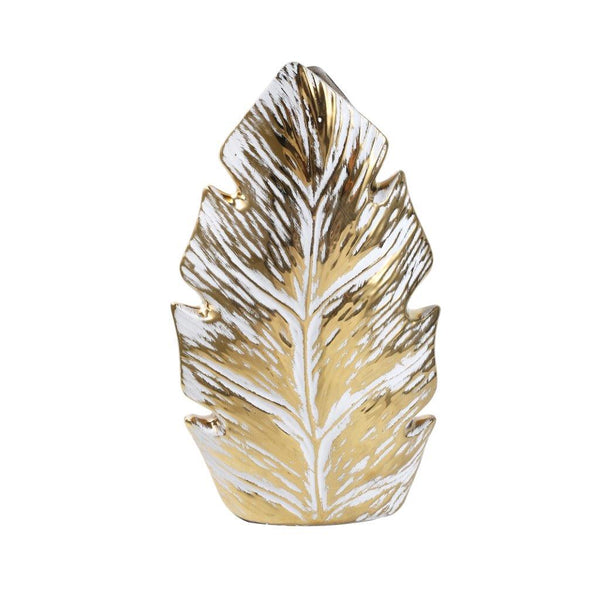 Home Decor Modern Craft Feather Shape Ceramic Vase Flower Vase White Gold 19*37 cm
