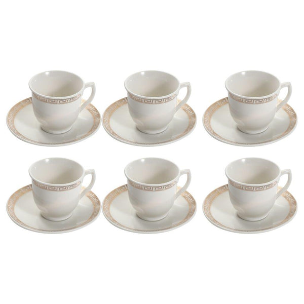 Ceramic Coffee Cup and Saucer Set White and Gold 6 Pcs Greek Key Print Design Set 90 ml