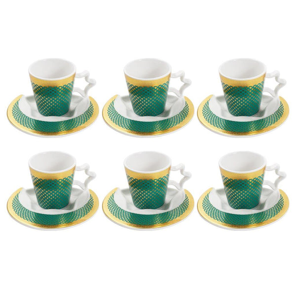 Ceramic Coffee Cup and Saucer Set of 6 Pcs Green and Gold Abstract Print Design 200 ml