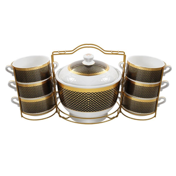 Deco Gold Abstract Print Ceramic Soup Tureen Casserole Dish Bowl Set of 16 Pcs with Stand 2.8 Litre/0.35 Litre